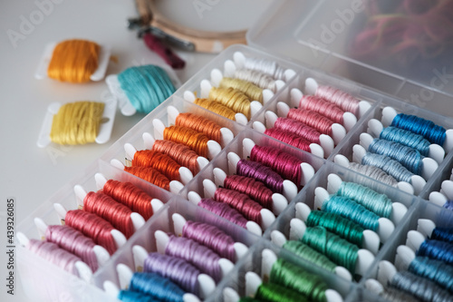 Close up of colorful embroidery floss bobbins in the box. Embroidery threads for handmade  crafts  hobbies.