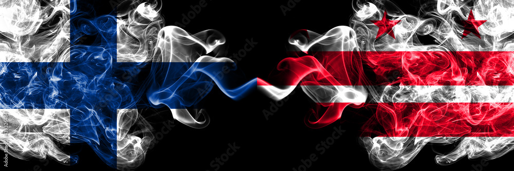 Finland, Finnish vs United States of America, America, US, USA, American, District of Columbia, Washington smoky flags side by side. Finland, Finnish vs United States of America, America, US, USA, American, District of Columbia, Washington smoky flags side by side.