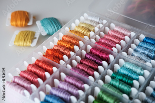 Close up of colorful embroidery floss bobbins in the box. Embroidery threads for handmade, crafts, hobbies.