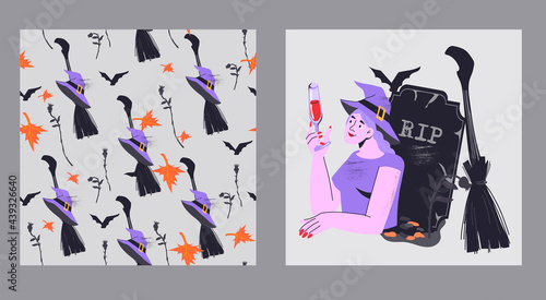 Halloween set with witch girl in grave and matching seamless pattern, flat cartoon vector illustration. Comic female character for Halloween holiday greeting cards and invitations backgrounds.