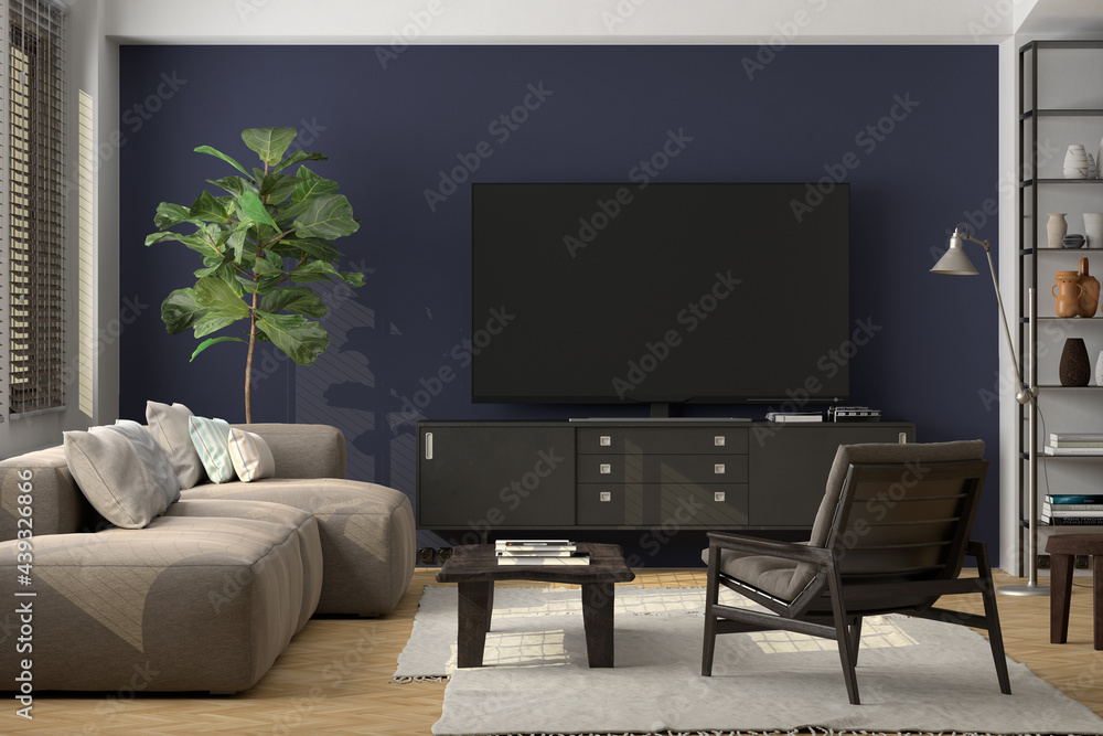 TV screen mock up on the blue wall in modern living room.