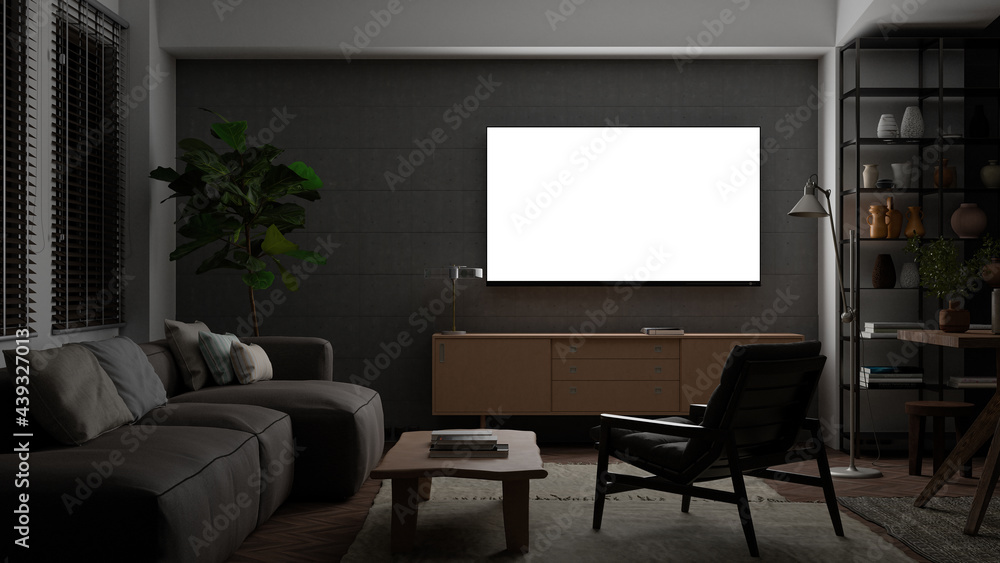 Glowing TV screen mock up at night in the living room with concrete wall.