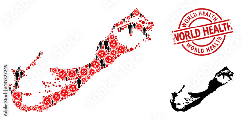 Collage map of Bermuda Islands composed of sars virus elements and men icons. World Health distress seal stamp. Black men items and red covid virus elements.