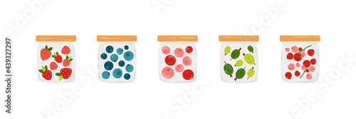 A set of glass jars with berry jam - strawberries, cherries, blueberries, gooseberries, red currants. Drawn in cute cartoon style vector food illustration. Storage concept for ripe garden fruits