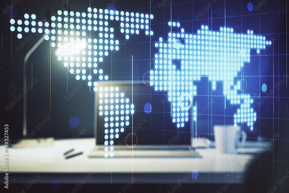 Multi exposure of abstract graphic world map on computer background, connection and communication concept Multi exposure of abstract graphic world map on computer background, connection and communication concept