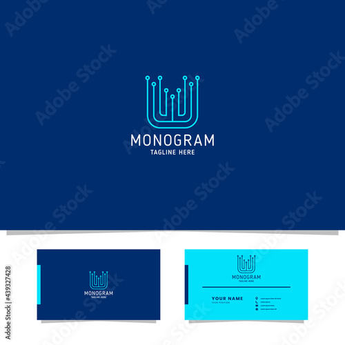 Bright blue electronic circuit letter W monogram initial logo with business card template