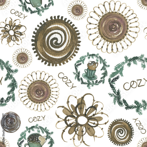 Vintage cozy home in soft light. Scandinavian cozy home textile pattern. Seamless pattern.