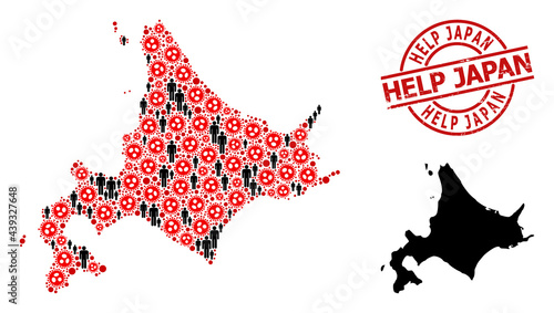 Collage map of Hokkaido Island constructed from sars virus items and population icons. Help Japan scratched seal. Black people icons and red sars virus icons. Help Japan title inside round watermark.