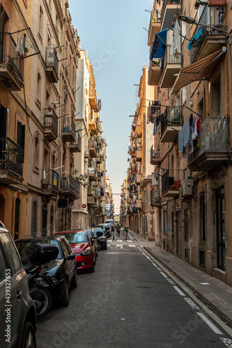 Barceloneta neighborhood narrow sreet without people. Barcelona, Spain