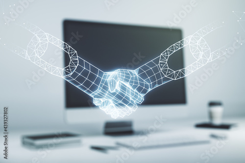 Double exposure of blockchain technology with handshake hologram on laptop background. Research and development decentralization software concept