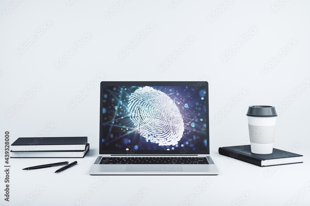Fototapeta premium Abstract creative fingerprint illustration on modern laptop monitor, digital access concept. 3D Rendering