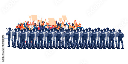 Crowds of people at a demonstration for human rights. Police in Riot Gear Holding the Line. Angry men and women protest, holding placards. Protesters at a political rally. Vector flat illustration