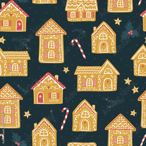 Cute hand drawn gingerbread houses seamless pattern, lovely doodle houses with many details, great for textiles, banners, wallpaper, wrapping - vector design