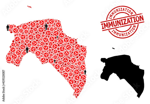Mosaic map of Groningen Province constructed from viral items and population items. Immunization distress seal. Black people icons and red covid infection icons.