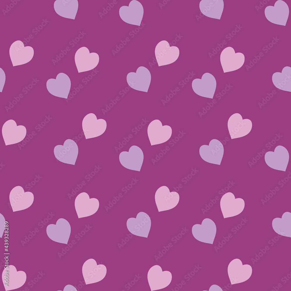 Seamless pattern with light violet and pink hearts on purple background. Vector image.