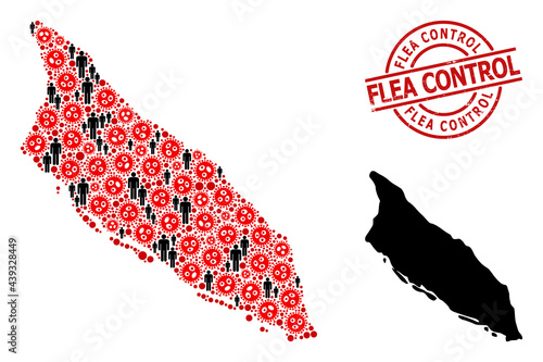 Collage map of Aruba Island constructed from sars virus elements and humans elements. Flea Control textured seal stamp. Black crowd items and red virus outbreak items.