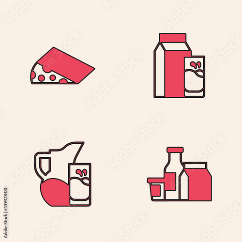 Set Milk product, Cheese, Paper package for kefir and jug pitcher and glass icon. Vector