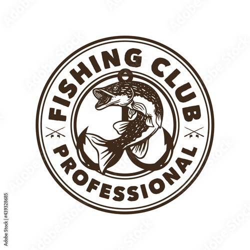 logo design fishing club professional black and white with northern pike fish vintage illustration