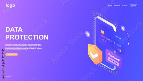 Web banner personal data protection isometric concept. Cybersecurity and privacy. Traffic encryption, VPN, Anti-privacy protection. Database with cloud server, Data set, process, classification. Web