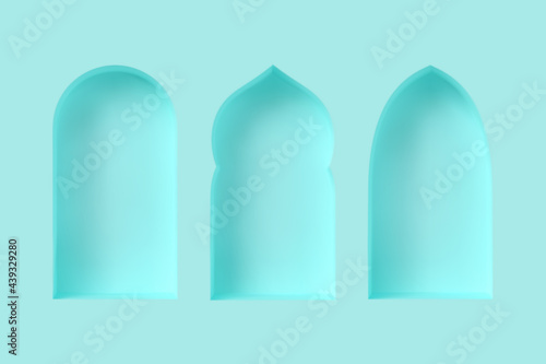 Set of 3d Arabic style windows. Architectural design elements for muslim holidays. Realistic minimal style. Vector illustration.