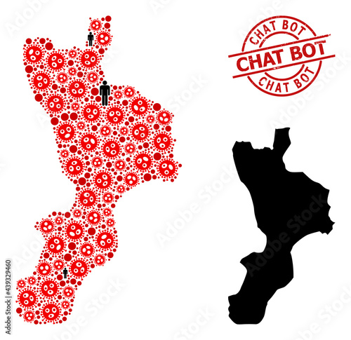 Collage map of Calabria region organized from flu virus elements and population elements. Chat Bot scratched seal stamp. Black people elements and red sars virus items.