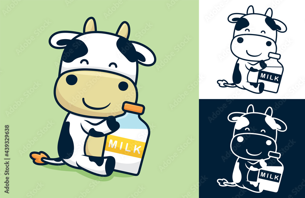 Cute cow sitting while holding big milk bottle. Vector cartoon illustration in flat icon style