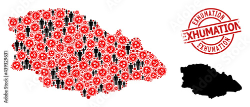 Collage map of Gozo Island designed from sars virus elements and men icons. Exhumation distress seal. Black crowd icons and red sars virus elements. Exhumation title inside round stamp.