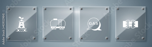 Set Metallic pipes and valve, Location gas station, Oil railway cistern and rig. Square glass panels. Vector