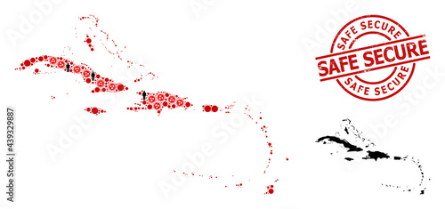 Collage map of Caribbean Islands constructed from SARS virus items and men items. Safe Secure textured stamp. Black men icons and red coronavirus items. Safe Secure phrase inside round seal.