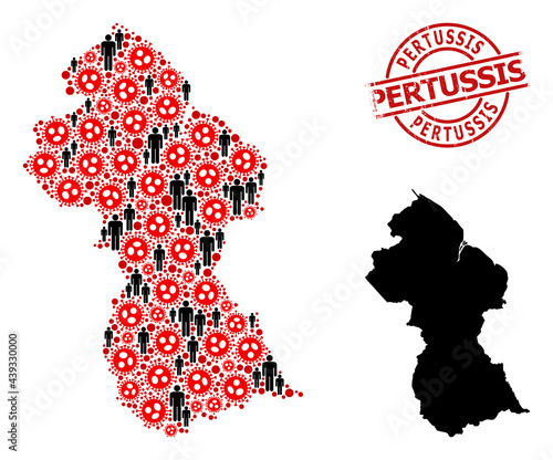 Mosaic map of Guyana designed from covid virus items and population items. Pertussis grunge seal. Black man items and red covid virus elements. Pertussis title is inside round seal stamp.