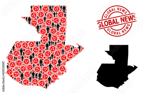 Collage map of Guatemala organized from covid virus elements and population items. Global News textured badge. Black crowd items and red covid virus elements.