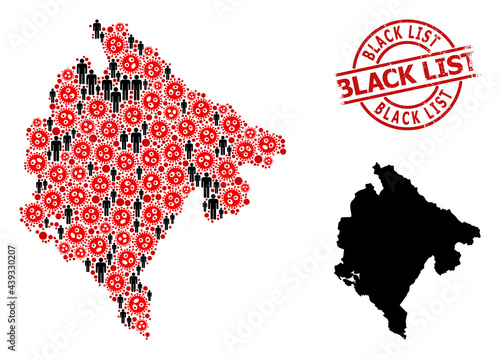 Mosaic map of Montenegro composed of covid items and demographics icons. Black List grunge watermark. Black person items and red flu virus icons. Black List caption is inside round watermark.