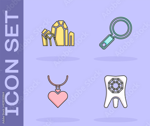 Set Tooth with diamond, Gem stone, Necklace heart shaped pendant and Magnifying glass icon. Vector