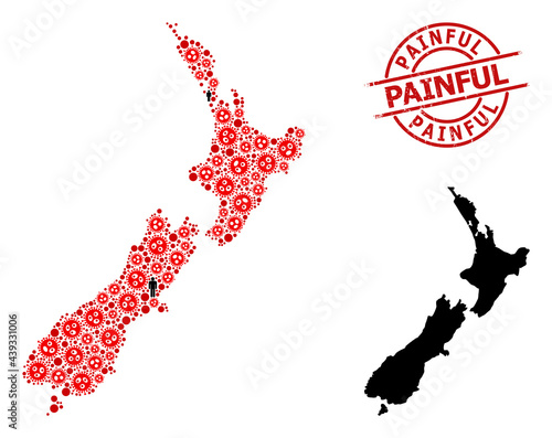 Collage map of New Zealand designed from sars virus icons and population icons. Painful distress stamp. Black man icons and red SARS virus icons. Painful text inside round stamp.