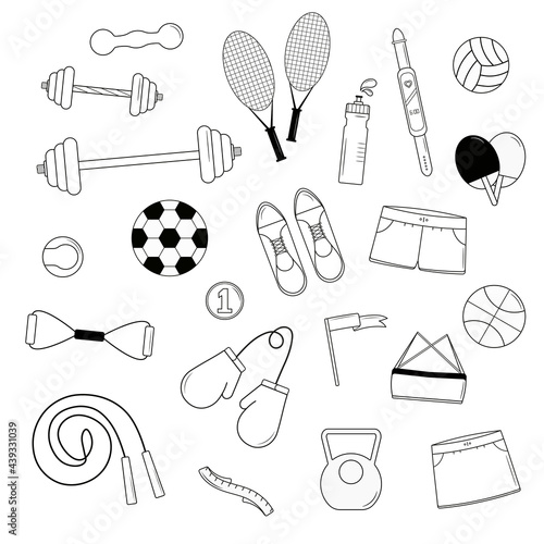 A set of icons and symbols for sports and fitness, healthy lifestyle. Sportswear, sneakers, sports equipment images in vector lines