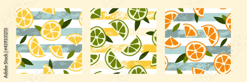Seamless pattern with fresh lemon, mint, lime, mandarin, orange. Summer fruit, tropical citrus background. Vector flat cartoon illustration. Perfect for textile, fabric, wrapping paper