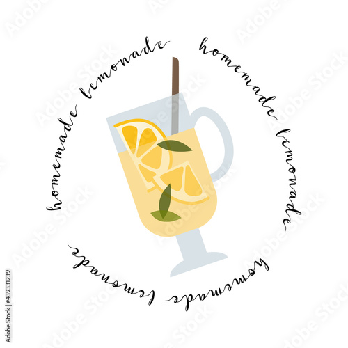 Fresh homemade lemonade, soda, mojito, cocktail with lemon and mint. Summer tropic drink, cold citrus refreshing beverage in glass. Vector flat cartoon illustration. For logo, flyer, menu, sticker