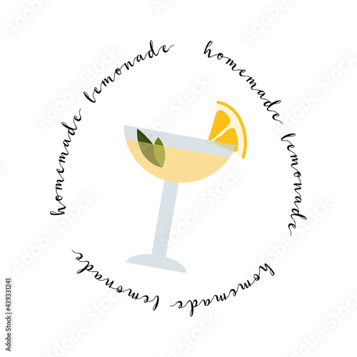 Fresh homemade lemonade, soda, mojito, cocktail with lemon and mint. Summer tropic drink, cold citrus refreshing beverage in glass. Vector flat cartoon illustration. For logo, flyer, menu, sticker