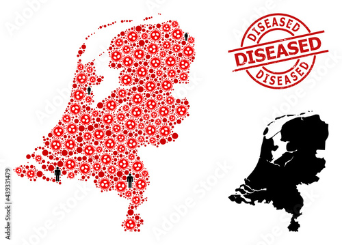 Mosaic map of Netherlands designed from SARS virus icons and people elements. Diseased distress seal stamp. Black people elements and red flu virus elements. Diseased phrase is inside round seal.