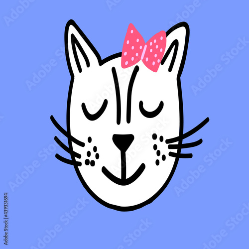 Cute hand drawn sleeping cat girl on color background,dreamy kitten head,illustration for kids design,cover,baby fabric print,nursery poster,tender image with kitty character,veterinary logo,icon