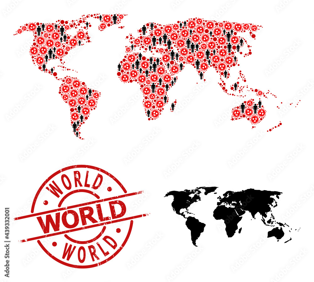 Mosaic map of world constructed from virus outbreak items and population elements. World grunge stamp. Black person items and red virus outbreak elements. World message inside round seal.