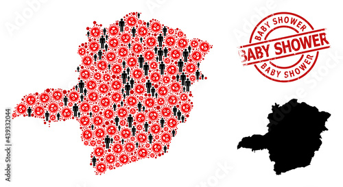 Mosaic map of Minas Gerais State united from sars virus elements and population elements. Baby Shower distress badge. Black man items and red SARS virus elements.
