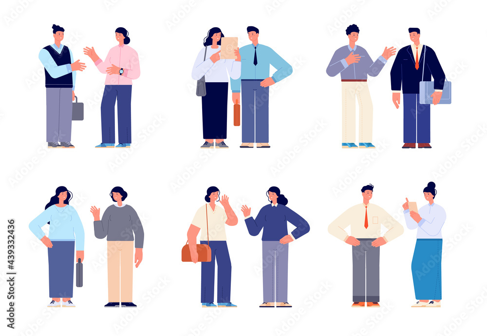 Office people conversation. Meeting characters, business persons talk each other. Formal man woman, cartoon diverse workers utter vector set Office people conversation. Meeting characters, business persons talk each other. Formal man woman, cartoon diverse workers utter vector set