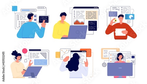 People programming. Professional geek, working screens java technology coder. Cartoon flat computer developer, engineers utter vector characters