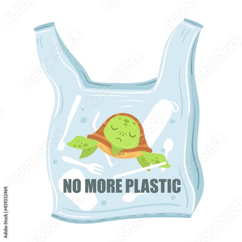 Stop plastic pollution. Plastic bags with turtle inside. Saving world and ocean, garbage ecological problem. Polluted sea exact vector poster
