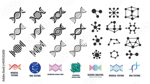 DNA molecular structure. Molecule icons, isolated lab signs. Chemical medical biotechnology research, genetic science vector labels collection