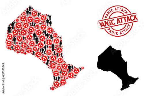 Collage map of Ontario Province designed from virus outbreak items and men items. Panic Attack textured seal stamp. Black person symbols and red SARS virus icons.