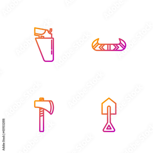 Set line Shovel, Tomahawk axe, Revolver gun in holster and Kayak or canoe and paddle. Gradient color icons. Vector