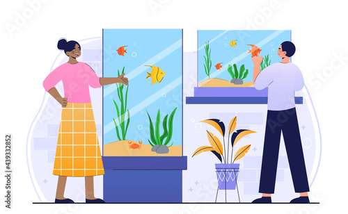 Male and female characters are visiting fish pet shop together