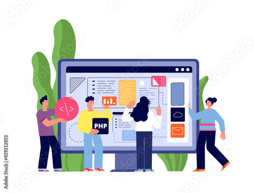 Web app developers. Web illustrations developer, website interface development. People hold software banners, programmers team utter vector concept